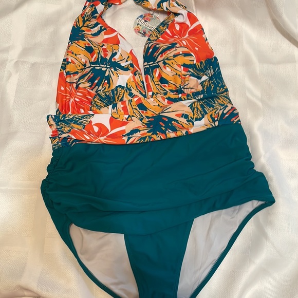 NWT Binlowis Sz L 1 Piece Halter Bathing Suit Teal / Orange / White Design - Picture 6 of 13